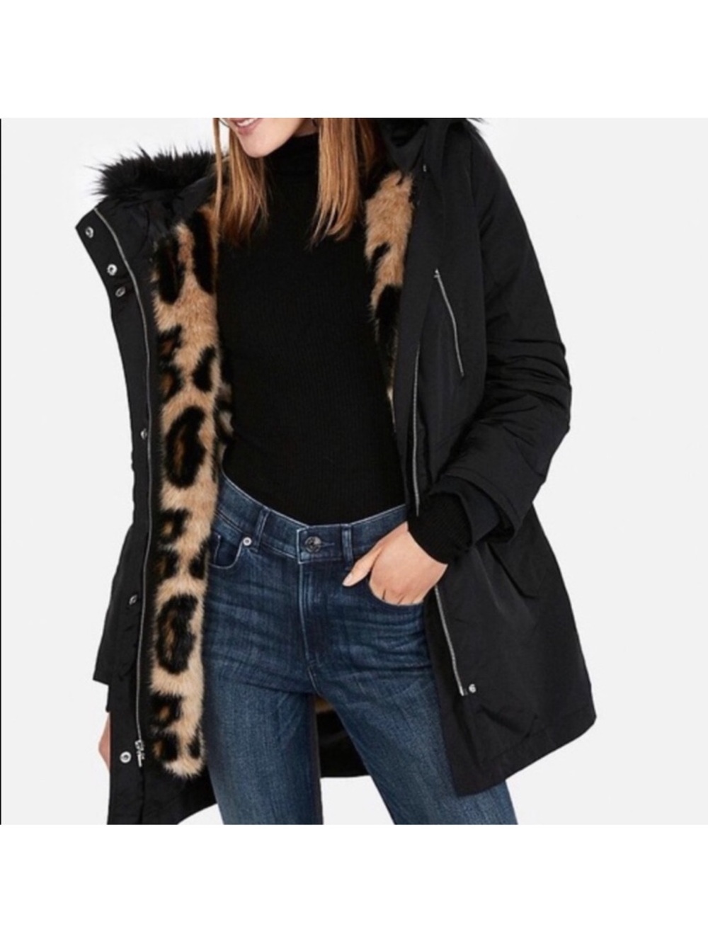 New Express Black Parka Coat Jacket Anorak with Leopard Lining